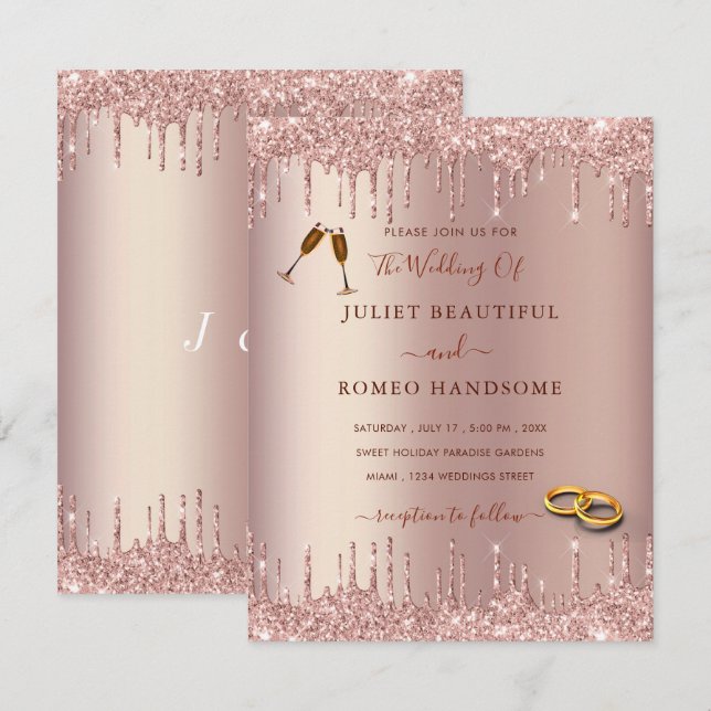 Invitación a la boda de Rosa Gold Rubor Purpurinas (Anverso / Reverso)