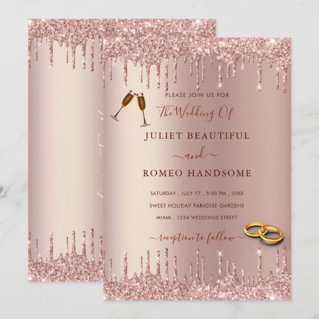 Invitación a la boda de Rosa Gold Rubor Sparkle Dr (Anverso / Reverso)
