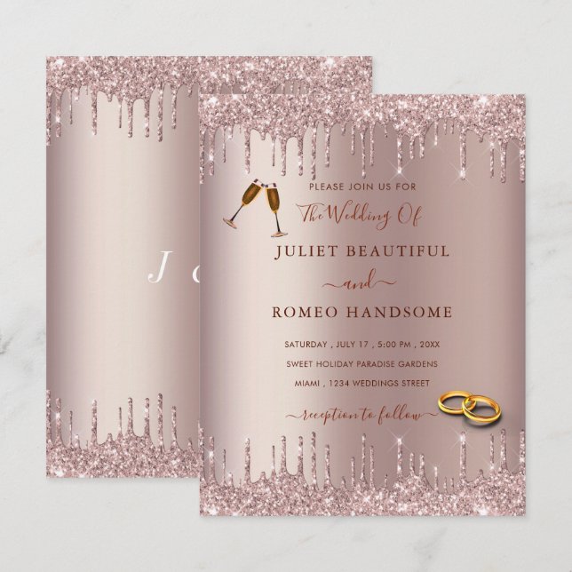 Invitación a la boda de Rosa Gold Rubor Sparkle Dr (Anverso / Reverso)