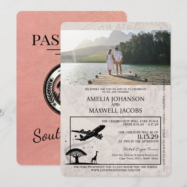 Invitación a la boda de Rosa Gold South Africa Pas (Anverso / Reverso)