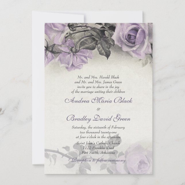 Invitación a la boda de Rosa púrpura de plata este (Anverso)