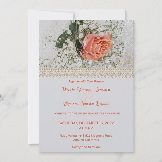 Invitación a la boda de Rosa y encaje (Anverso)