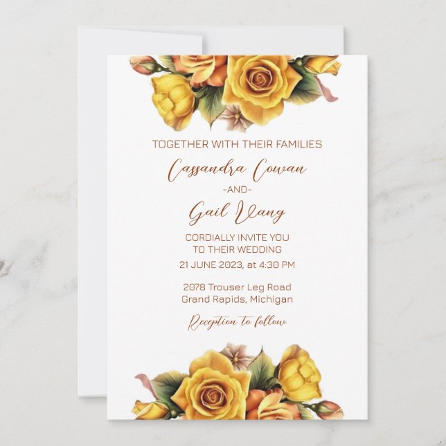 Invitación a la boda de rosas amarillas (Anverso)
