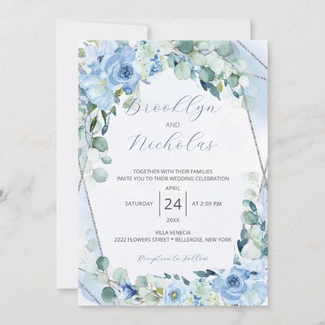 Invitación a la boda de Rosas azul turbulentos de  (Anverso)