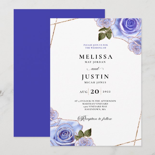 Invitación a la boda de Rosas azules y dorados Pur (Anverso / Reverso)