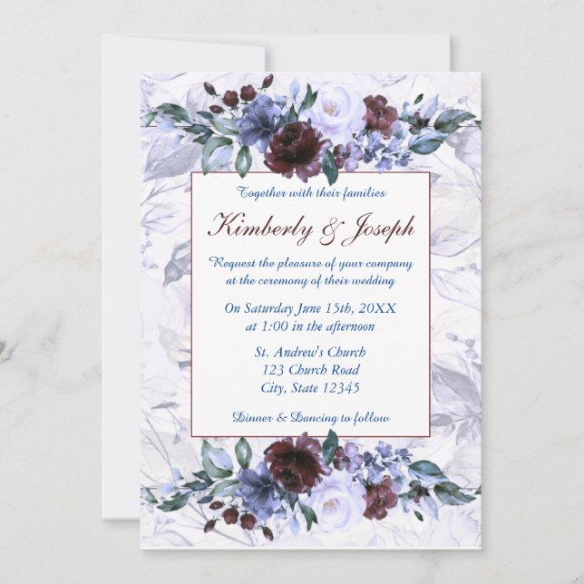 Invitación a la boda de Rosas azules y morados (Anverso)