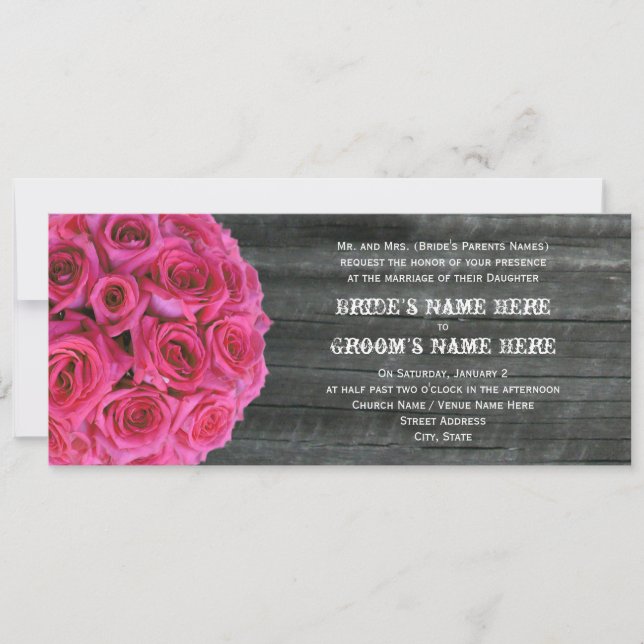 Invitación a la boda de Rosas Barnwood y Hot Pink (Anverso)