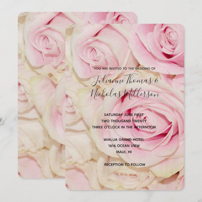 Invitación a la boda de rosas blancas rosadas de b (Anverso / Reverso)