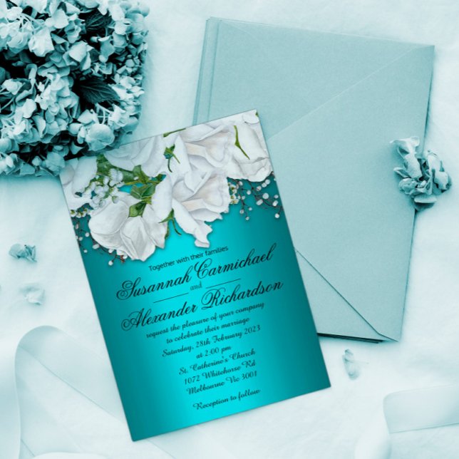 Invitación a la boda de rosas blancas y Aqua (Subido por el creador)