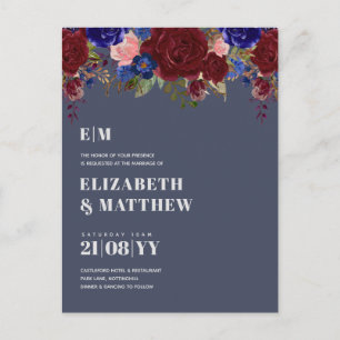 Invitación a la boda de Rosas Bouquet Borgoña Azul