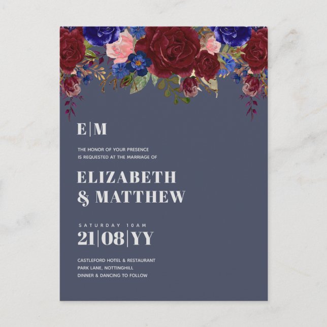 Invitación a la boda de Rosas Bouquet Borgoña Azul (Anverso)