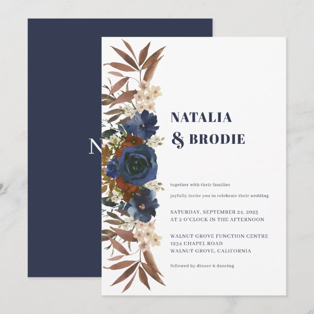 Invitación a la boda de Rosas de acuarela azul de  (Anverso / Reverso)