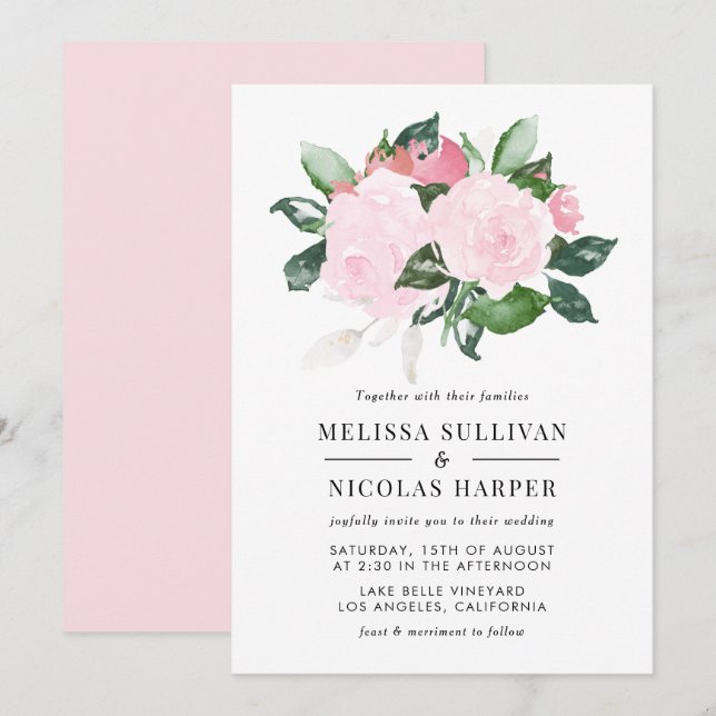 Invitación a la boda de Rosas de acuarela rosa dul (Anverso / Reverso)