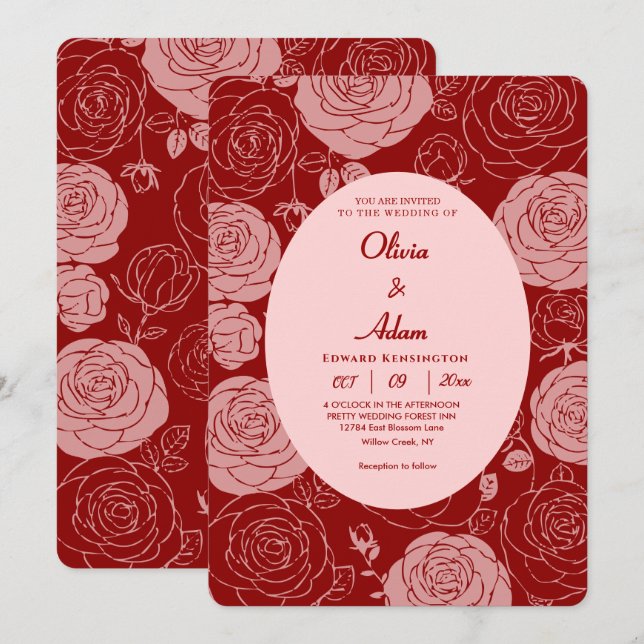 Invitación a la boda de Rosas de Borgoña (Anverso / Reverso)