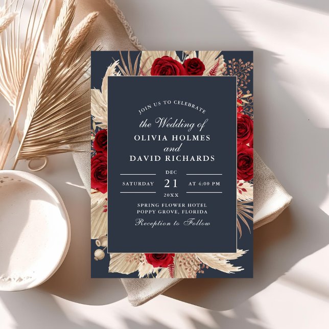 Invitación a la boda de Rosas de Borgoña Azul de m (Midnight Blue Burgundy Roses Wedding Invitation on a boho table with dry palm leaf.)