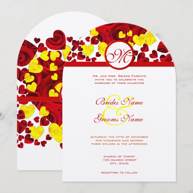 Invitación a la boda de Rosas de corazón amarillo  (Anverso / Reverso)
