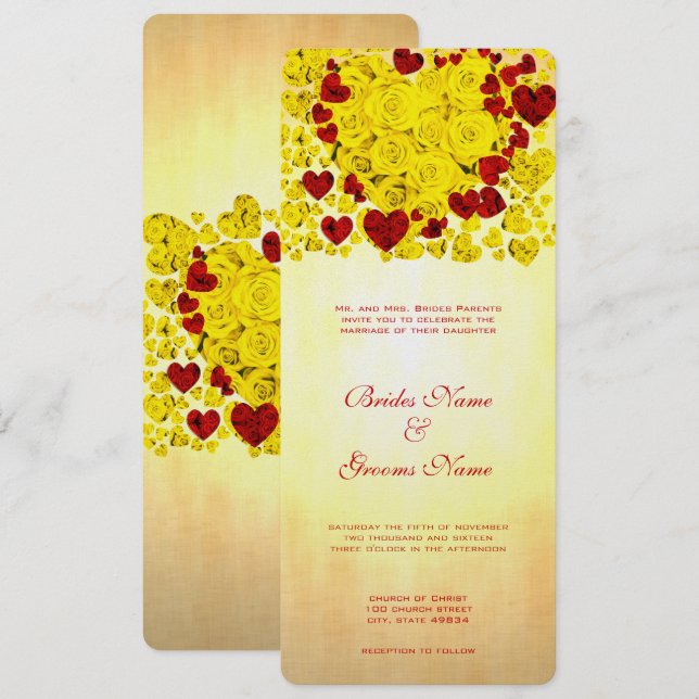 Invitación a la boda de Rosas de corazón amarillo  (Anverso / Reverso)