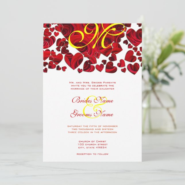 Invitación a la boda de Rosas de corazón amarillo  (Anverso de pie)