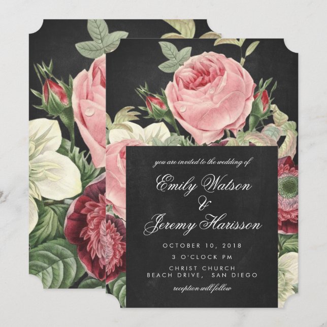 Invitación a la boda de Rosas de la época con el t (Anverso / Reverso)