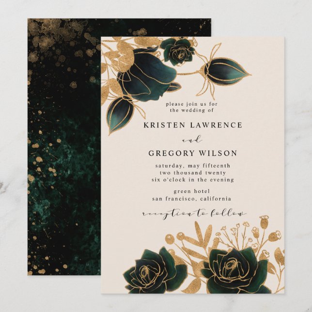 Invitación a la boda de rosas de oro acuarela (Anverso / Reverso)