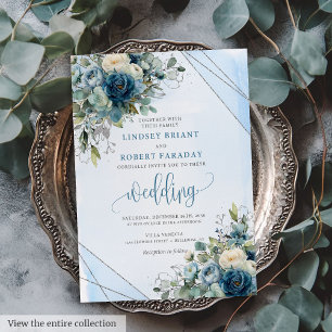 Invitación a la boda de Rosas de plata azul turque