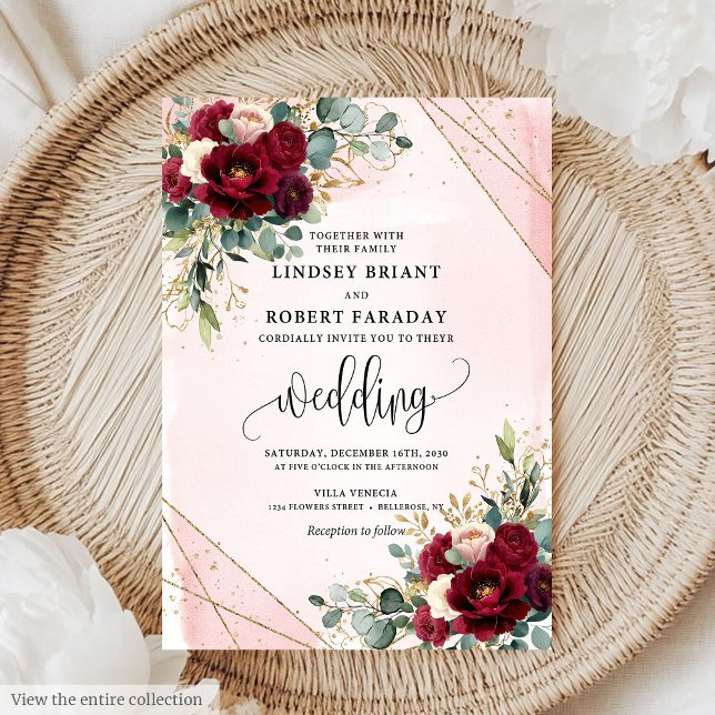 Invitación a la boda de Rosas de Rubor Boho Merlot (Luxury Boho Merlot Gold Blush Roses Wedding Invitation)