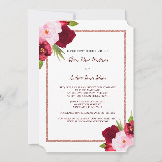 Invitación a la boda de Rosas de vino y acuarela (Anverso)