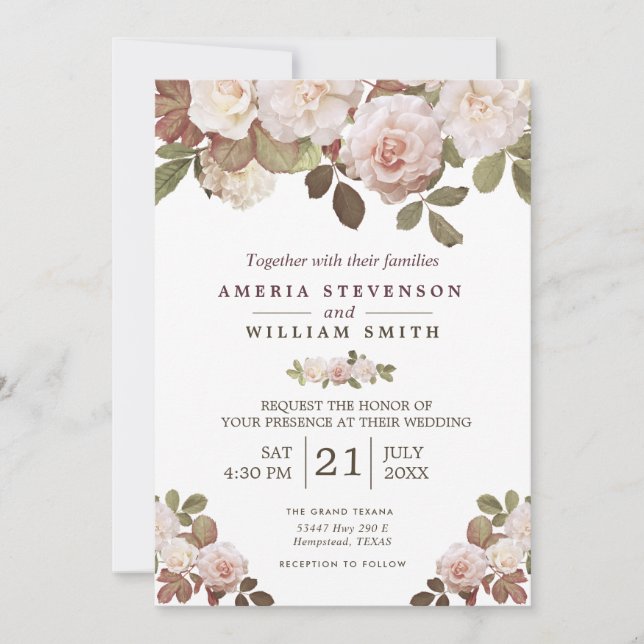 Invitación a la boda de Rosas franceses de época (Anverso)