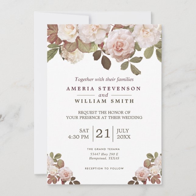 Invitación a la boda de Rosas franceses de época (Anverso)