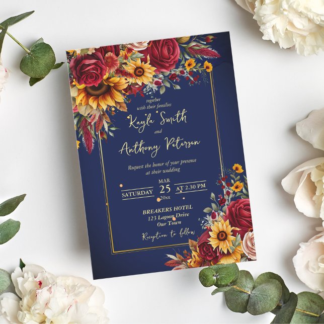 Invitación a la boda de rosas girasoles azul de la (Subido por el creador)