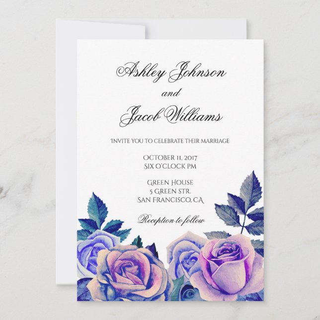 Invitación a la boda de rosas morados. Floral acua (Anverso)