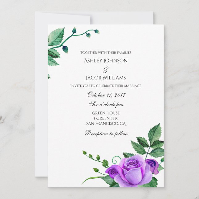 Invitación a la boda de rosas morados. Invitacione (Anverso)