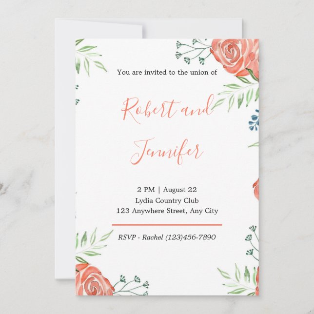 Invitación a la boda de Rosas Naranjas de acuarela (Anverso)