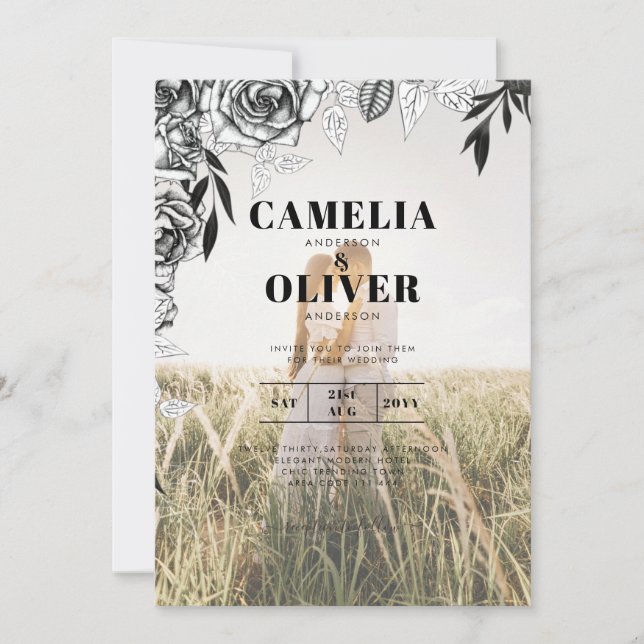 Invitación a la boda de Rosas negros con foto de d (Anverso)