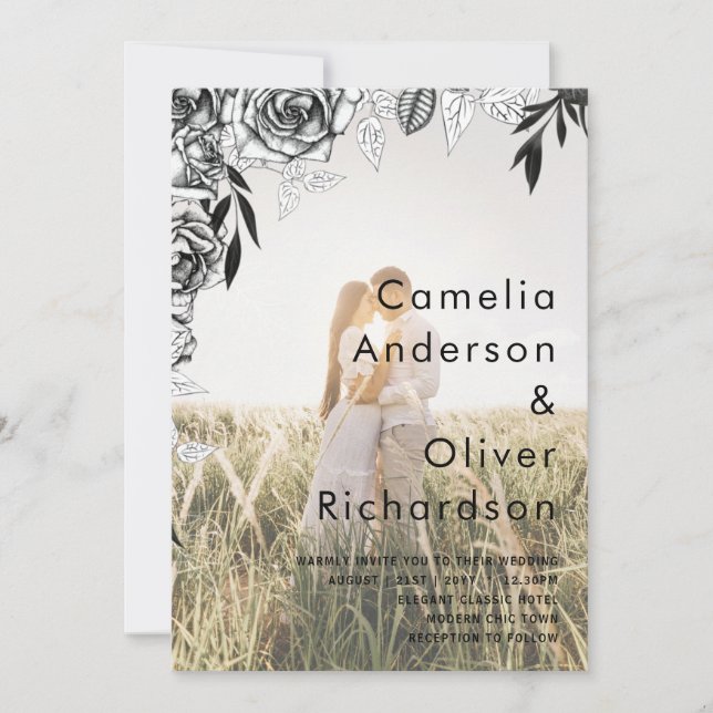 Invitación a la boda de Rosas negros con foto de d (Anverso)