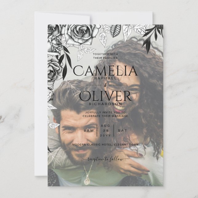 Invitación a la boda de Rosas negros con foto de d (Anverso)