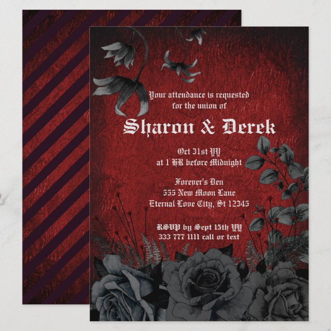 Invitación a la boda de Rosas negros góticos y osc (Anverso / Reverso)