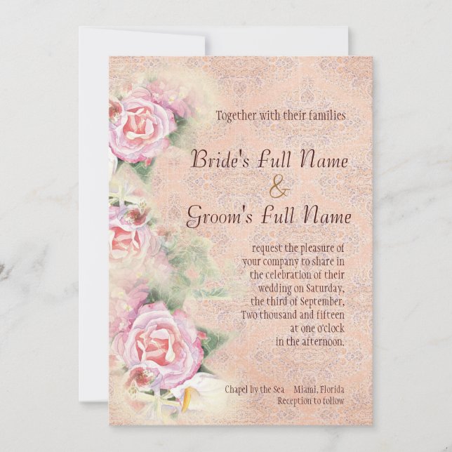 Invitación a la boda de Rosas Pastel y Calla Lilie (Anverso)