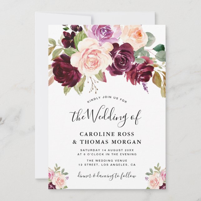 invitación a la boda de rosas púrpura de ciruela p (Anverso)