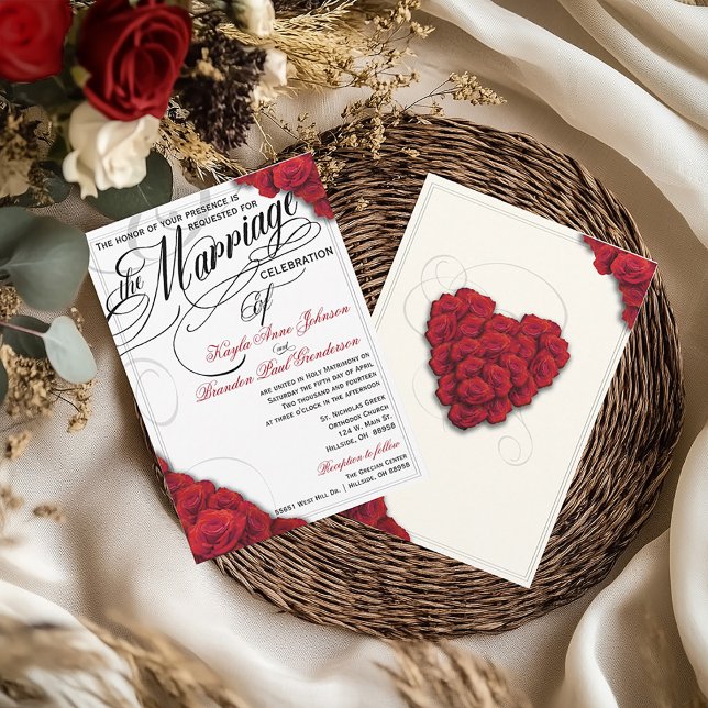 Invitación a la boda de rosas rojas cambiable fond (Elegant Red Rose Script Wedding Invitation)