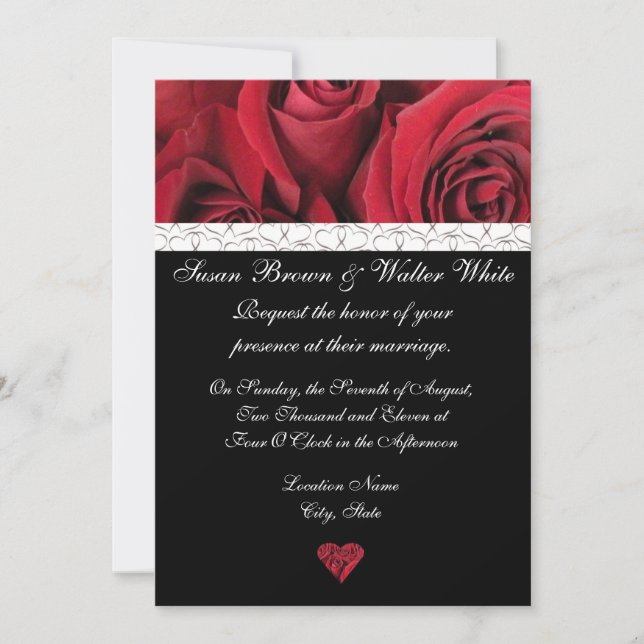 Invitación a la boda de Rosas Rojas con corazones  (Anverso)