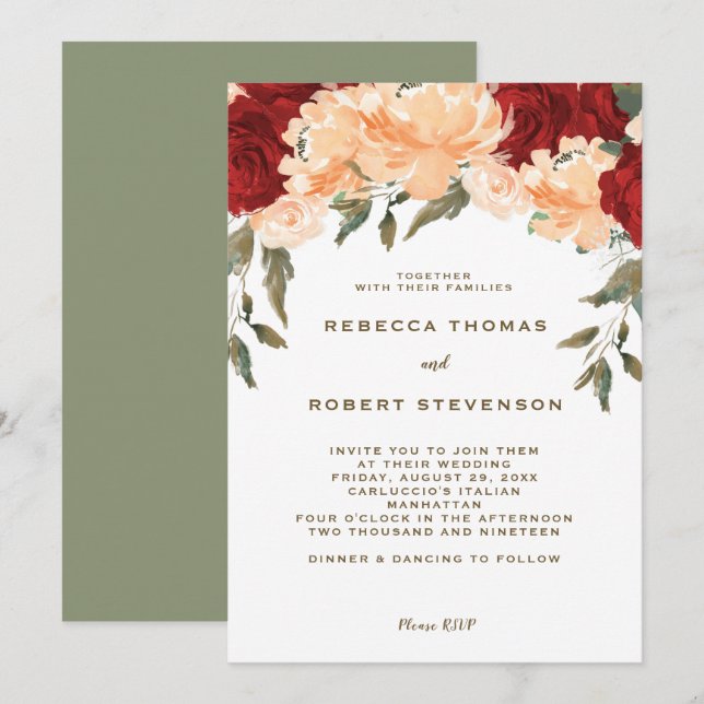 invitación a la boda de rosas rojas melocotones (Anverso / Reverso)
