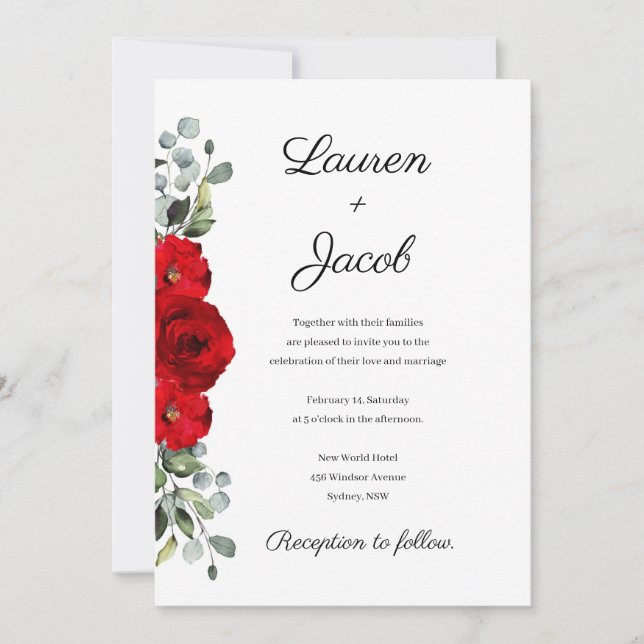 Invitación a la boda de rosas rojas y eucalipto (Anverso)
