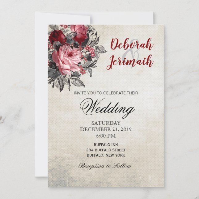 Invitación a la boda de Rosas rojos y negros (Anverso)