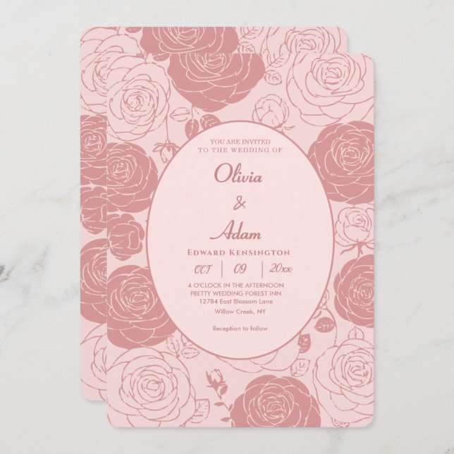 Invitación a la boda de rosas rosadas (Anverso / Reverso)