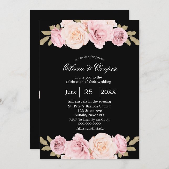 Invitación a la boda de rosas rosas rosas negras y (Anverso / Reverso)