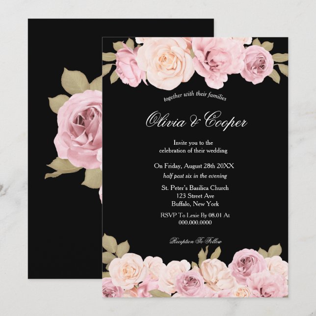 Invitación a la boda de rosas rosas rosas negras y (Anverso / Reverso)