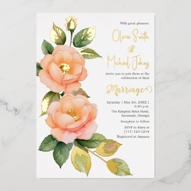 Invitación a la boda de rosas salvajes Peach (Anverso)