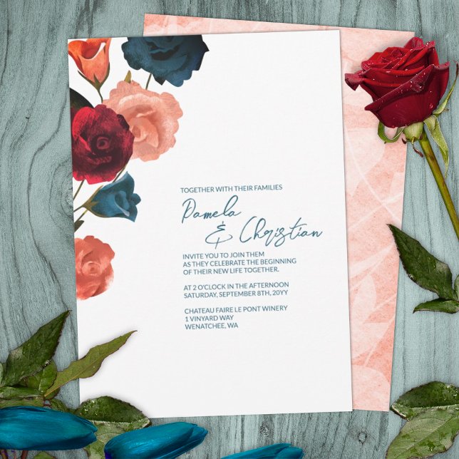 Invitación a la boda de Rosas sangrientos, Verde a (summer sangria berry wine red rose gold wedding color palette invitations roses botanical garden)