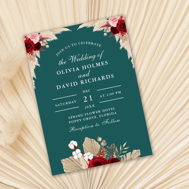 Invitación a la boda de Rosas tropicales verde azu (Teal and burgundy wedding invitation on dry palm leaf.)